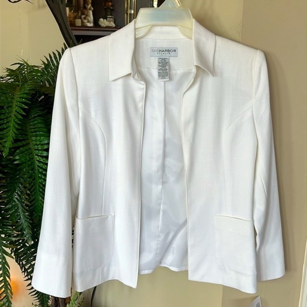 Brand New Sag Harbor White Woven Knit Stretch Blazer Drape Open Summer Jacket